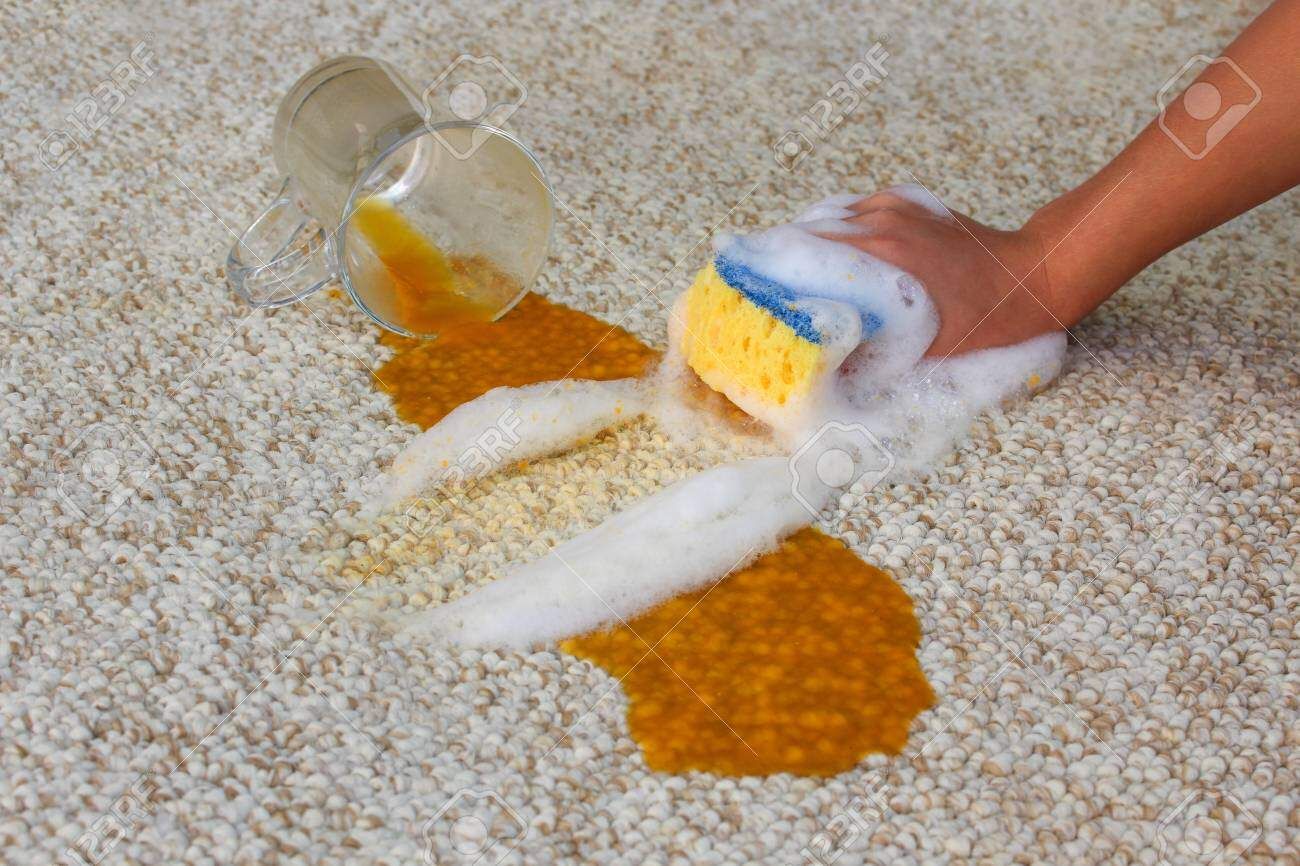 glass of juice and spilled on floor female hand cleans the carpet with a sponge and detergent c6f00c6f